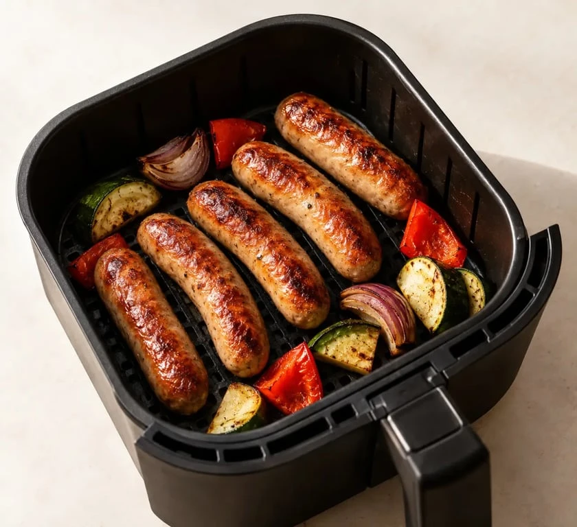 Saucisse air fryer dorée dans le panier avec des légumes rôtis