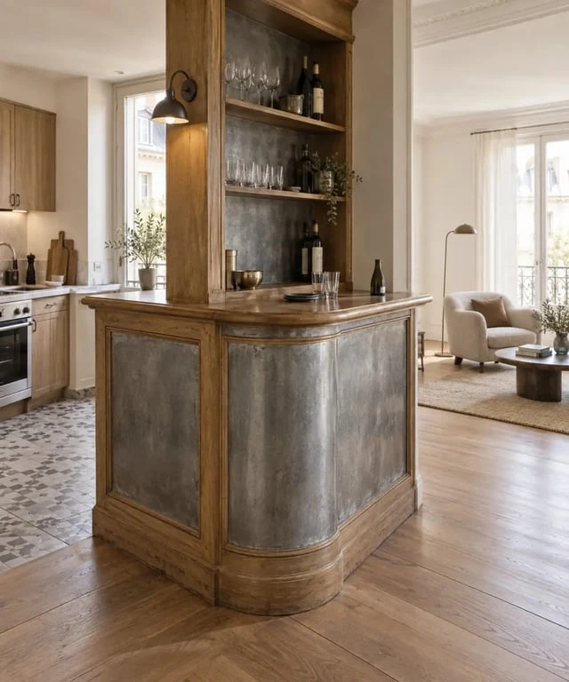 Meuble bar salon d'angle séparant cuisine ouverte et séjour