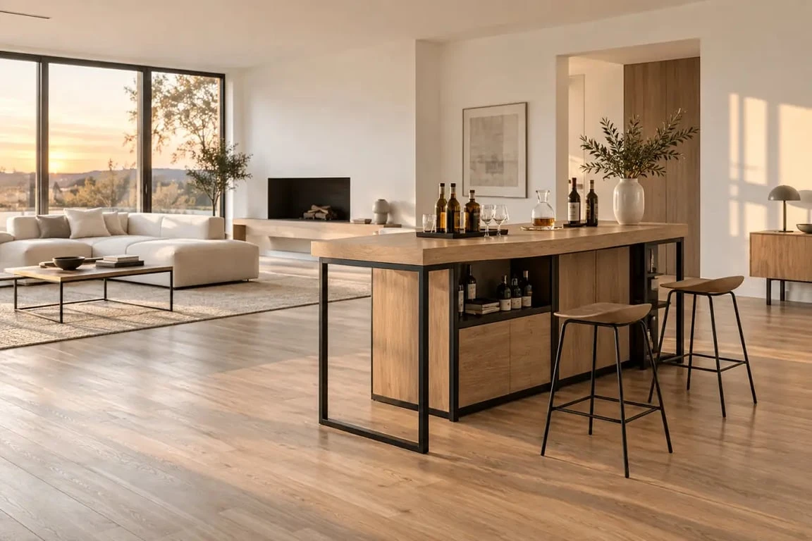 Meuble bar salon en bois et métal avec rangement bouteilles et tabourets