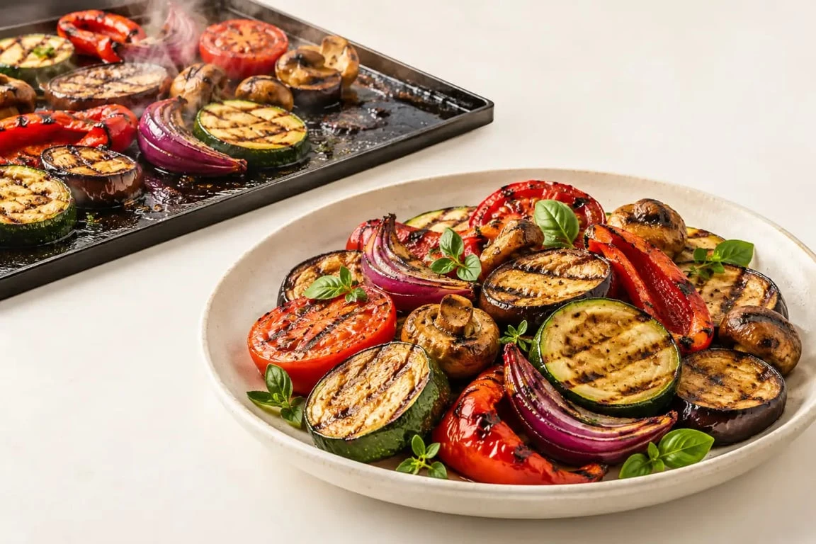 Légumes plancha grillés avec courgettes, aubergines, poivrons et champignons
