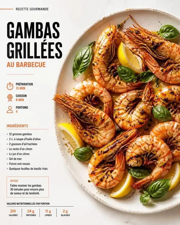 Gambas barbecue marinées au citron et basilic prêtes à être dégustées