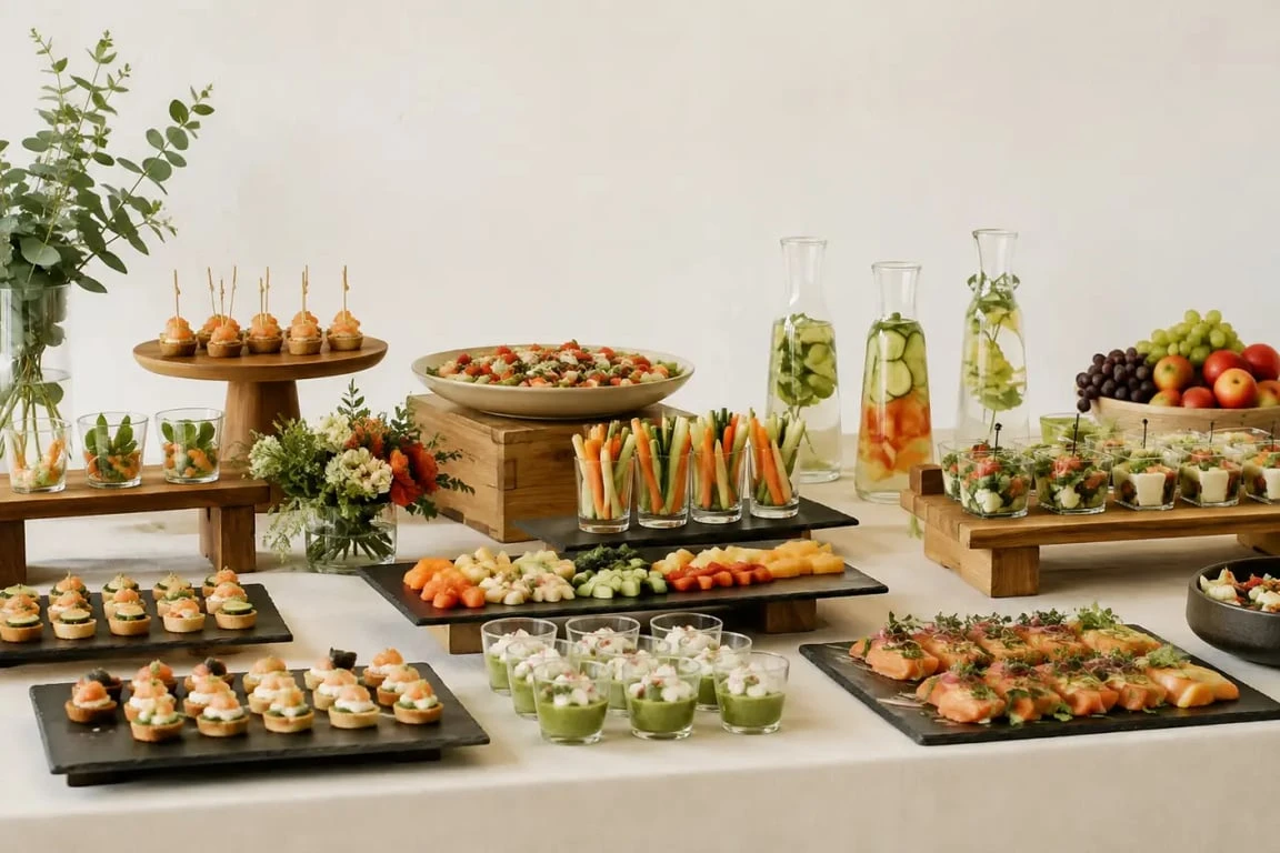 Décoration buffet réception avec plats colorés, contenants variés et présentoirs en hauteur