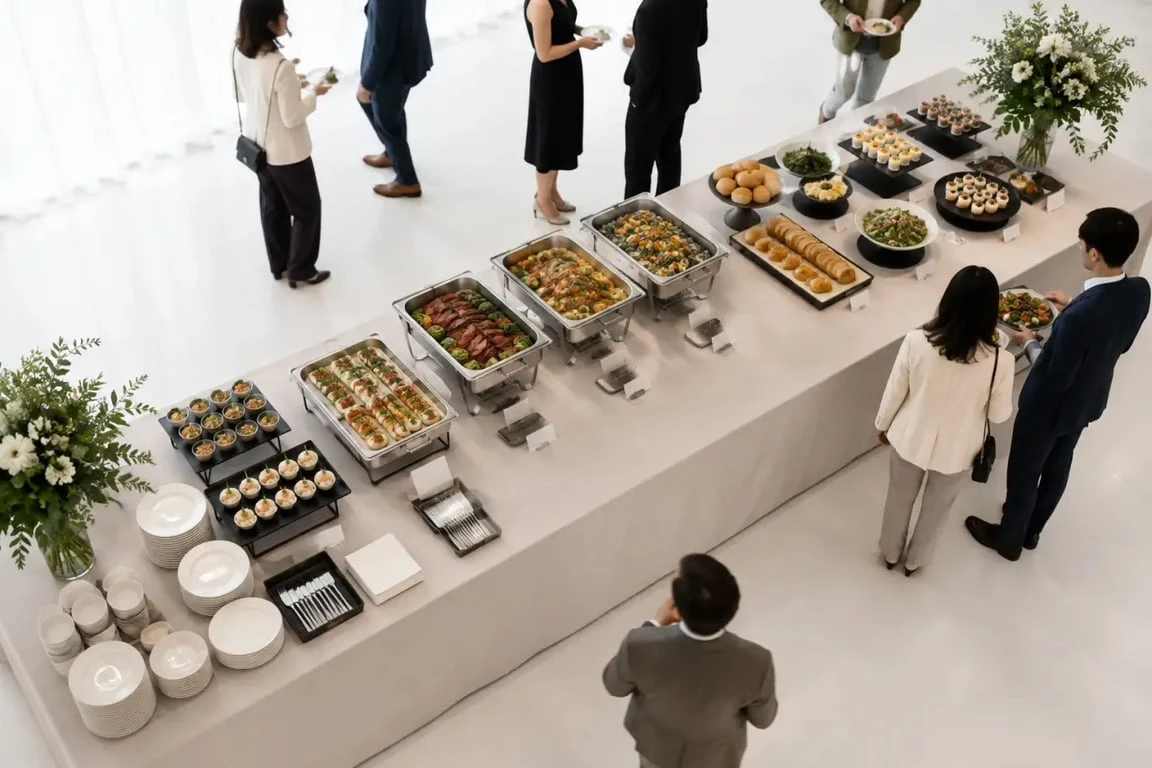 Décoration buffet réception pratique avec niveaux, étiquettes et espaces dégagés pour le service