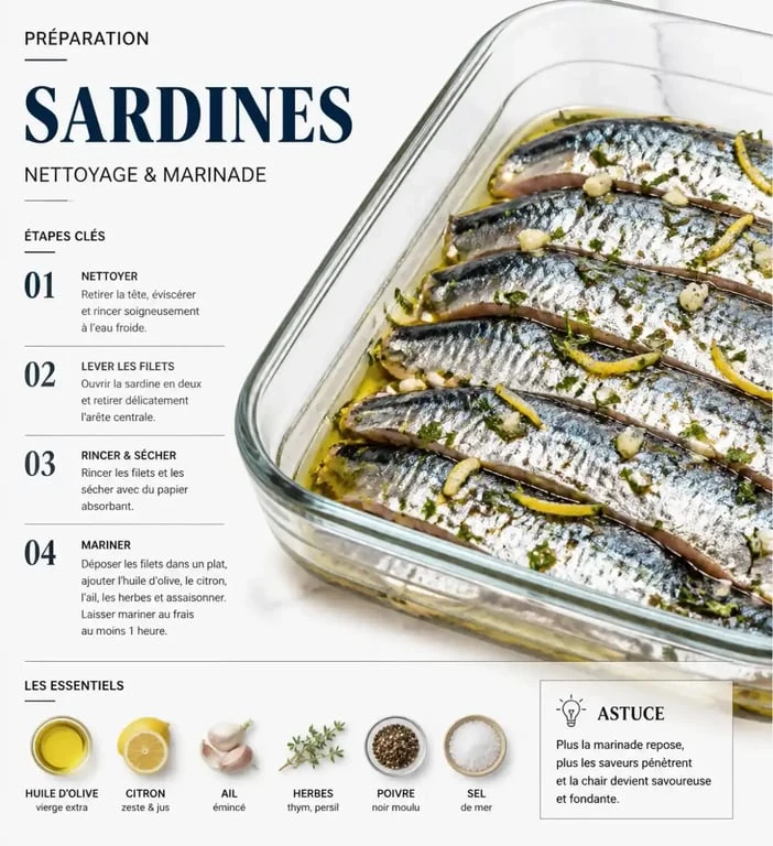 Préparation et marinade des sardines avant le barbecue