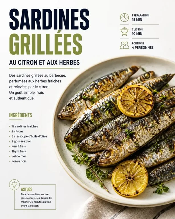 Sardines au barbecue grillées aux herbes et citron