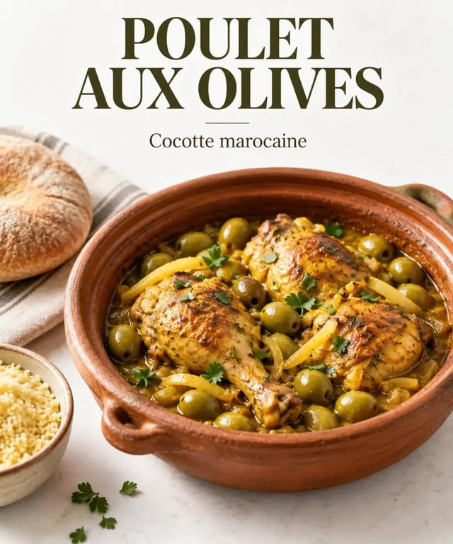 Recette poulet aux olives servi avec citron confit, semoule et herbes fraîches