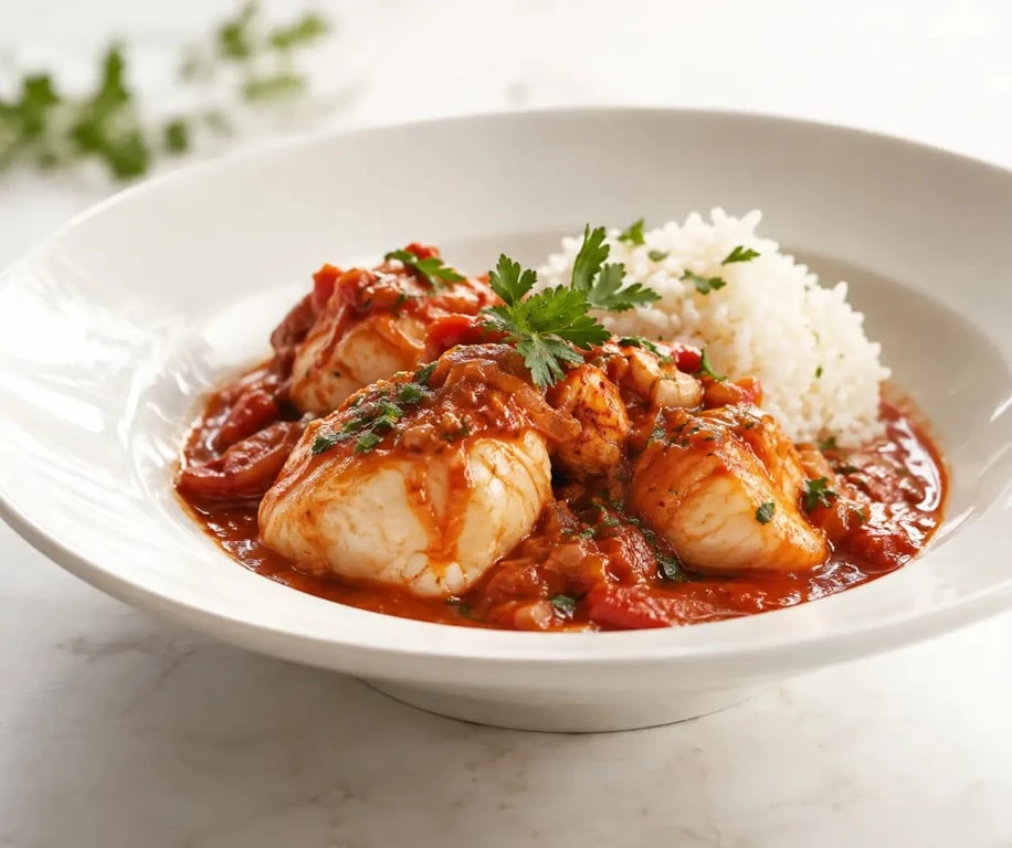 Lotte à l’armoricaine recette grand mere servie avec une sauce tomate au cognac