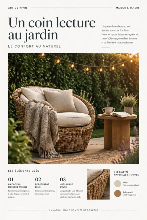 Aménager un coin lecture cosy dans son jardin avec fauteuil confortable et guirlandes lumineuses