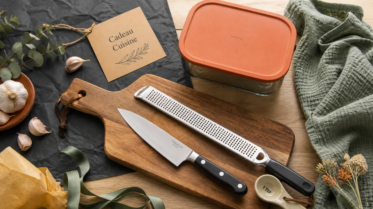 Idées cadeaux pour la cuisine : couteau de chef, planche et ustensiles
