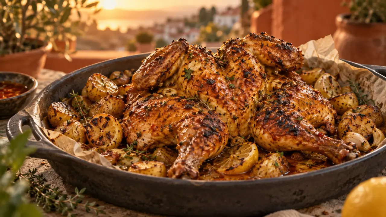 Poulet a la portugaise au four 200 °C, peau dorée grillée