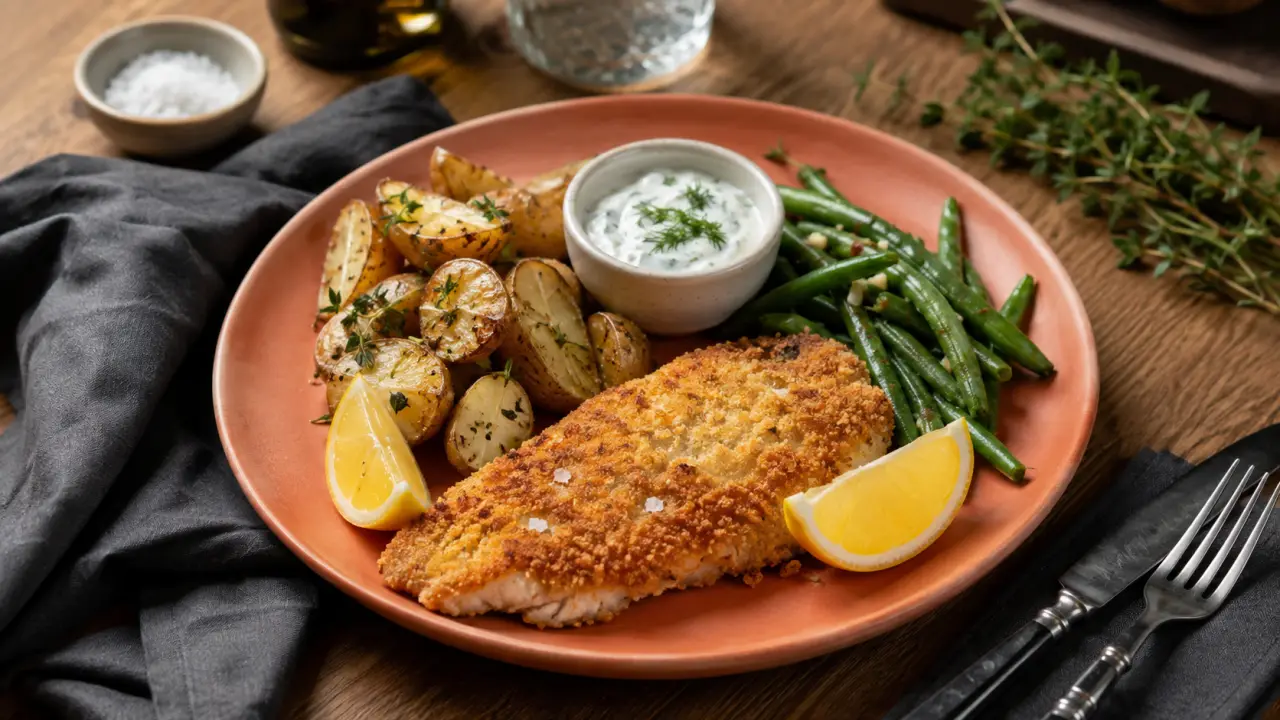 Quel accompagnement avec du poisson pané : pommes de terre rôties, légumes et sauce yaourt à l’aneth