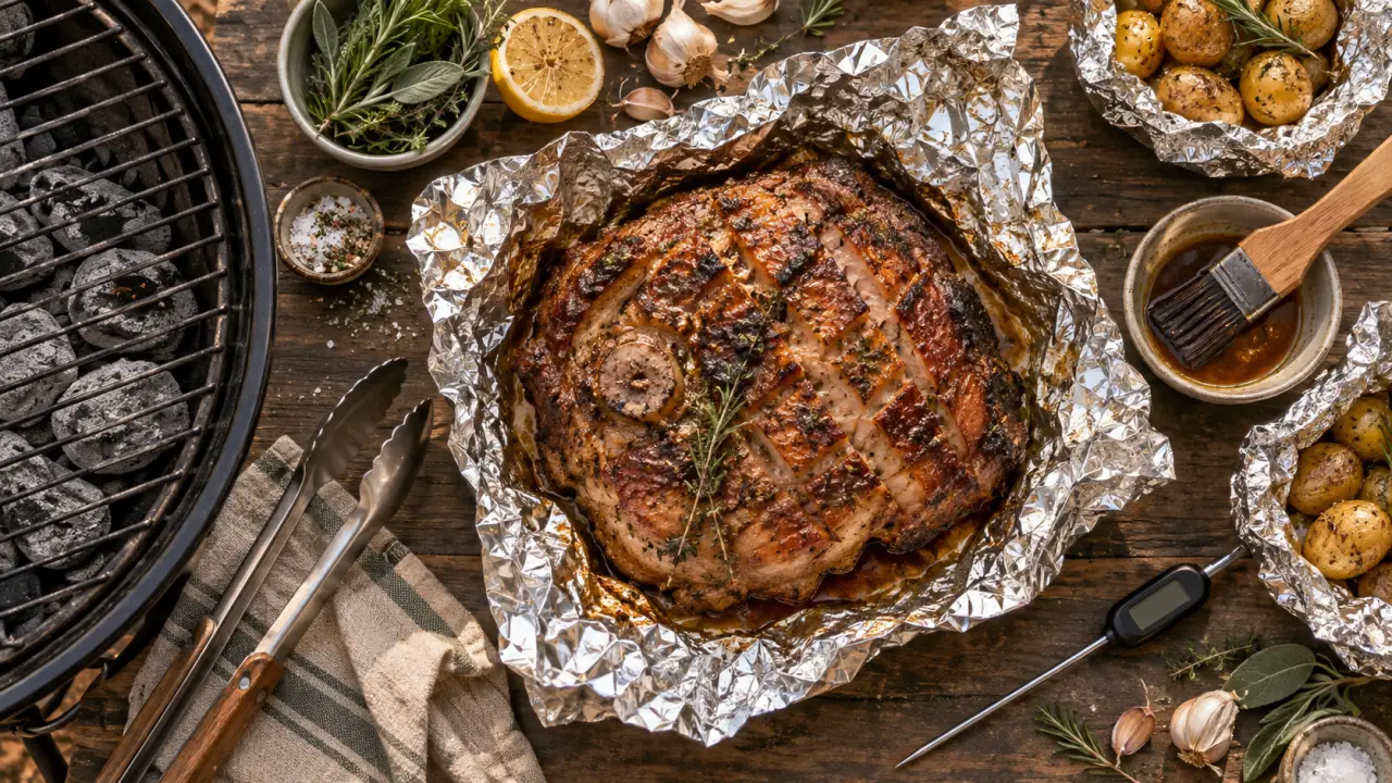Rouelle de porc au barbecue, cuisson sans feu direct, papillote et marinade miel