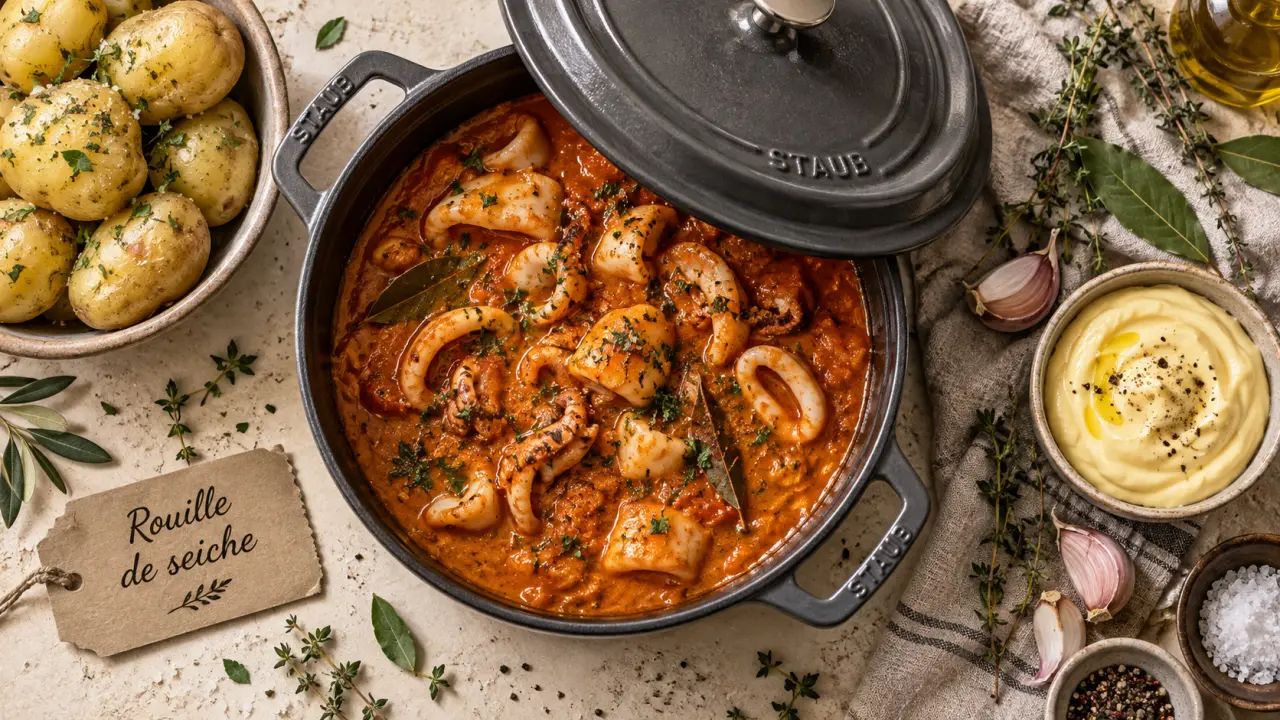 Rouille de seiche à la sétoise, sauce orangée qui nappe (cocotte)