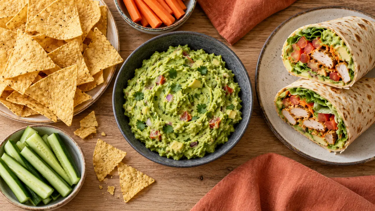 Avec quoi manger le guacamole : chips de maïs, wrap et crudités