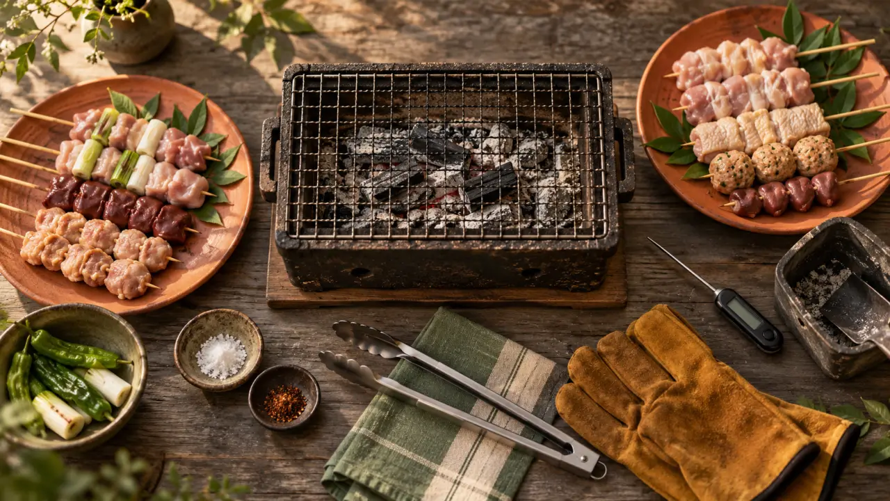 Barbecue de table charbon sur table, accessoires et brochettes