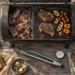 Barbecue tonneau au charbon, grille et braises