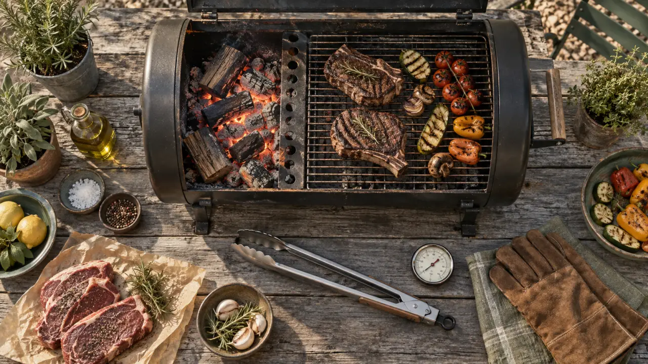 Barbecue tonneau au charbon, grille et braises