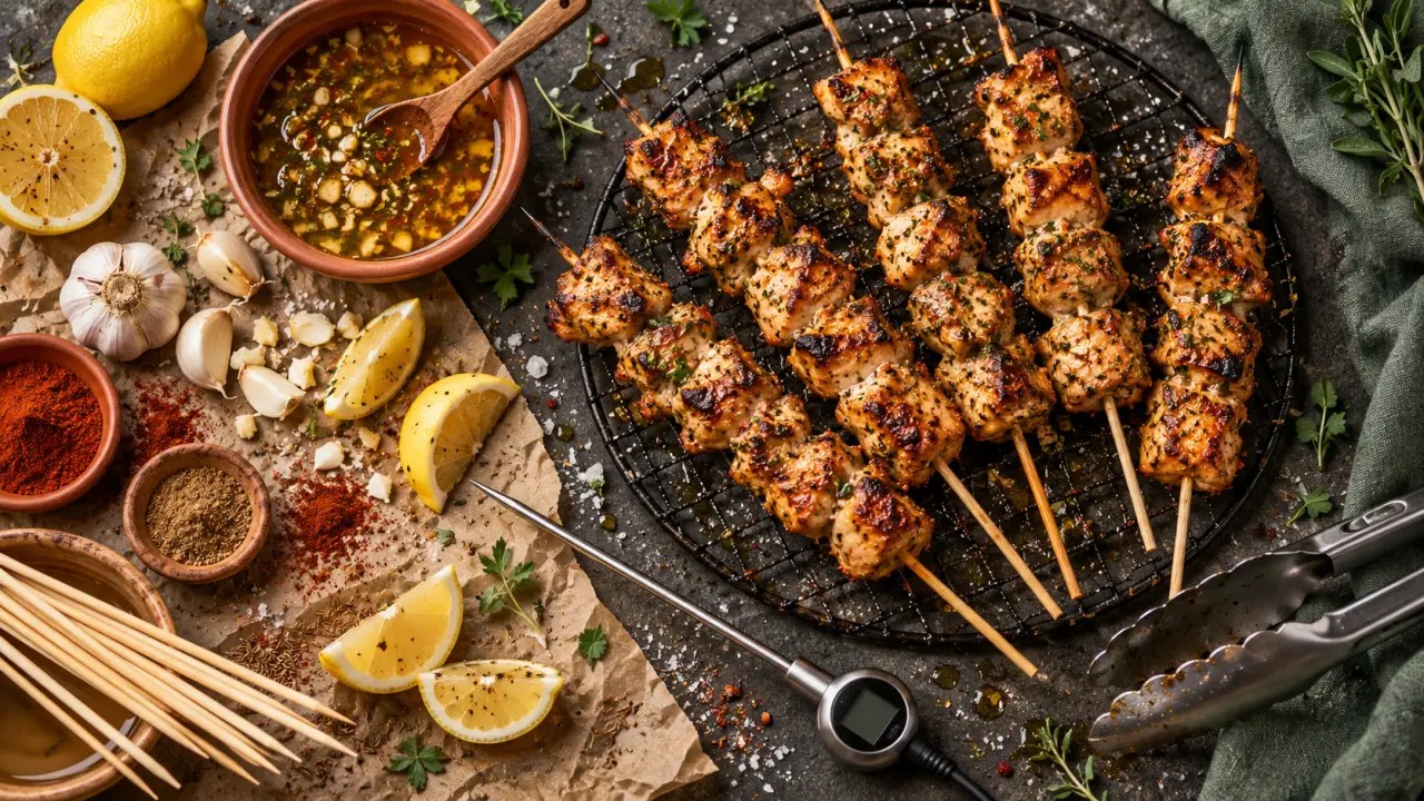 Brochette de poulet mariné sur grille, marinade citronnée