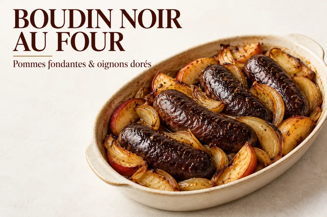 Boudins noirs au four servis avec des pommes et des oignons fondants