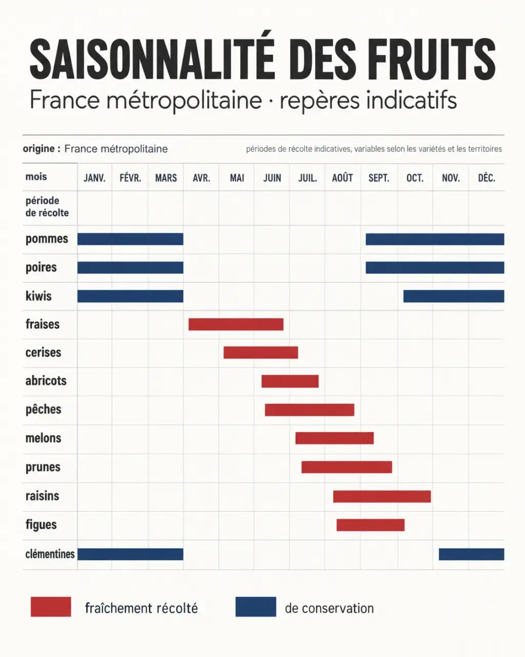 Calendrier visuel de la saisonnalité des fruits en France métropolitaine selon les mois, l’origine et la conservation