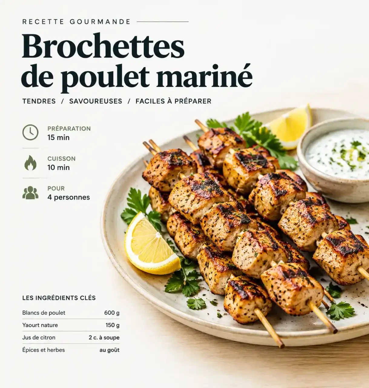 Brochette de poulet mariné grillée et dorée, servie avec citron et sauce au yaourt