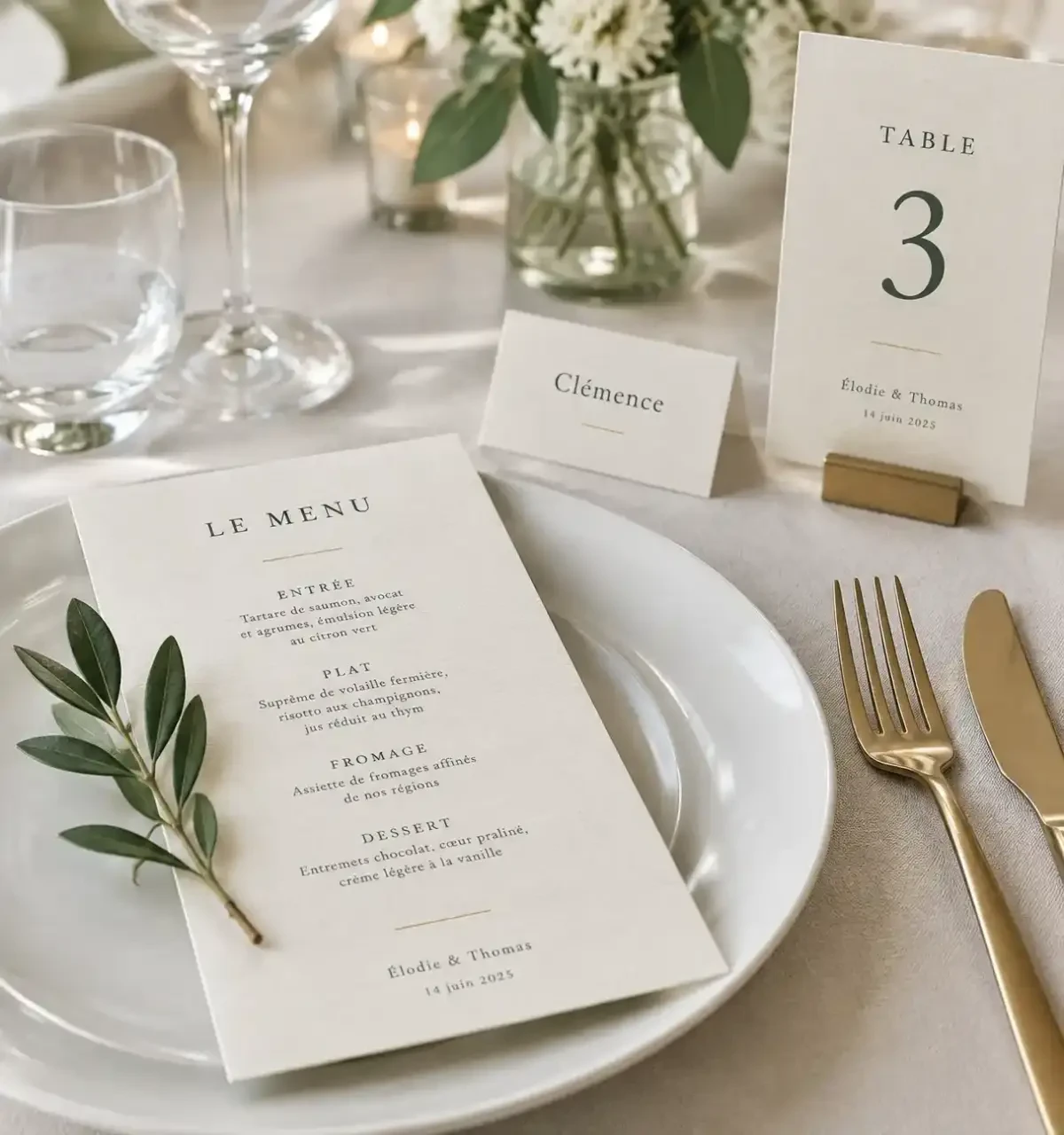 Menu mariage en papier grainé posé sur une assiette, assorti au marque-place et au numéro de table