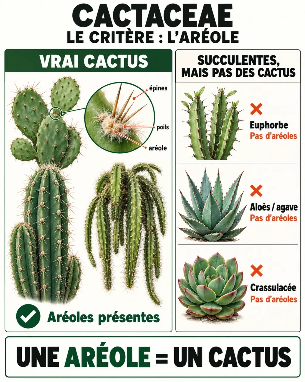 Infographie comparative des Cactaceae, des euphorbes et des autres plantes succulentes avec l’aréole comme critère d’identification