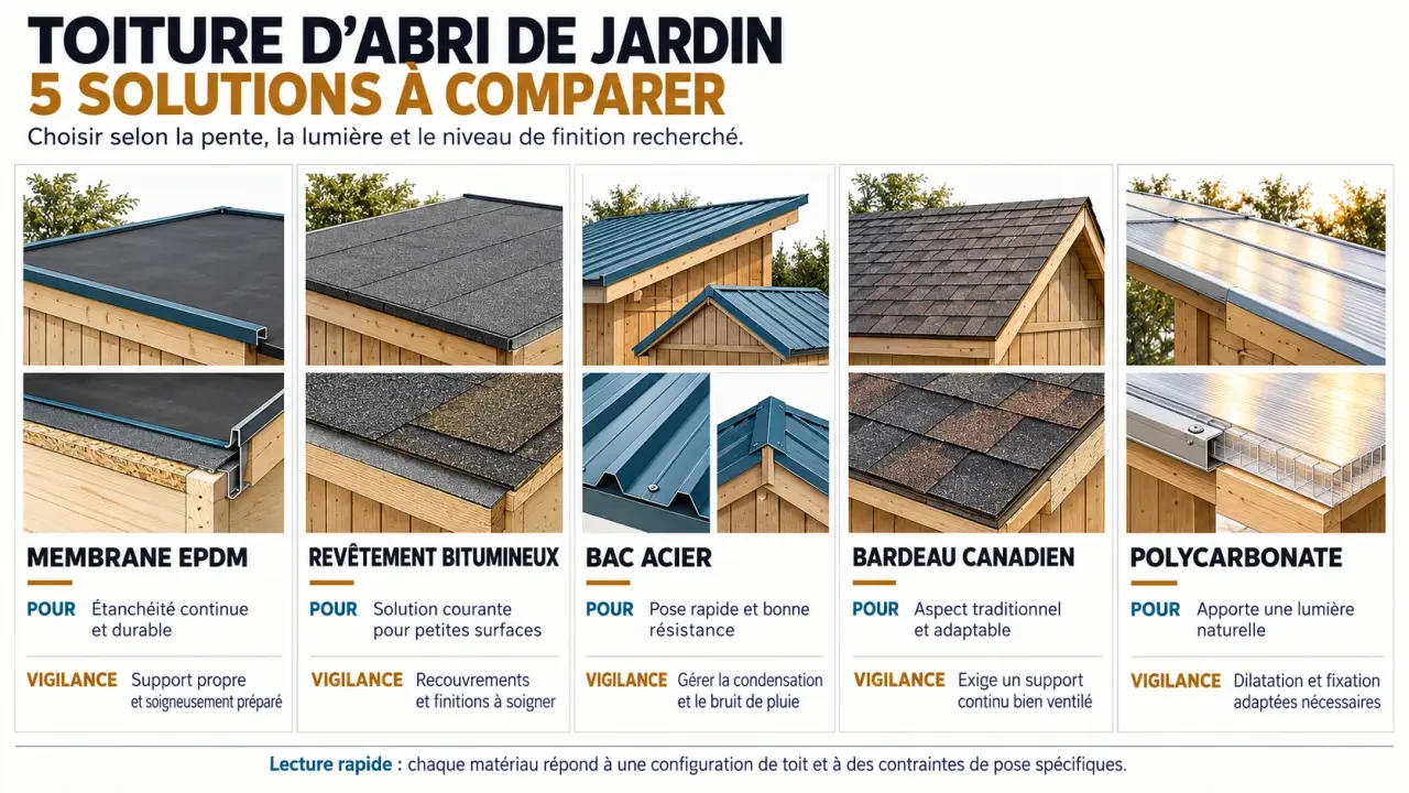 Infographie comparative des solutions de toiture abri de jardin selon la pente et le matériau