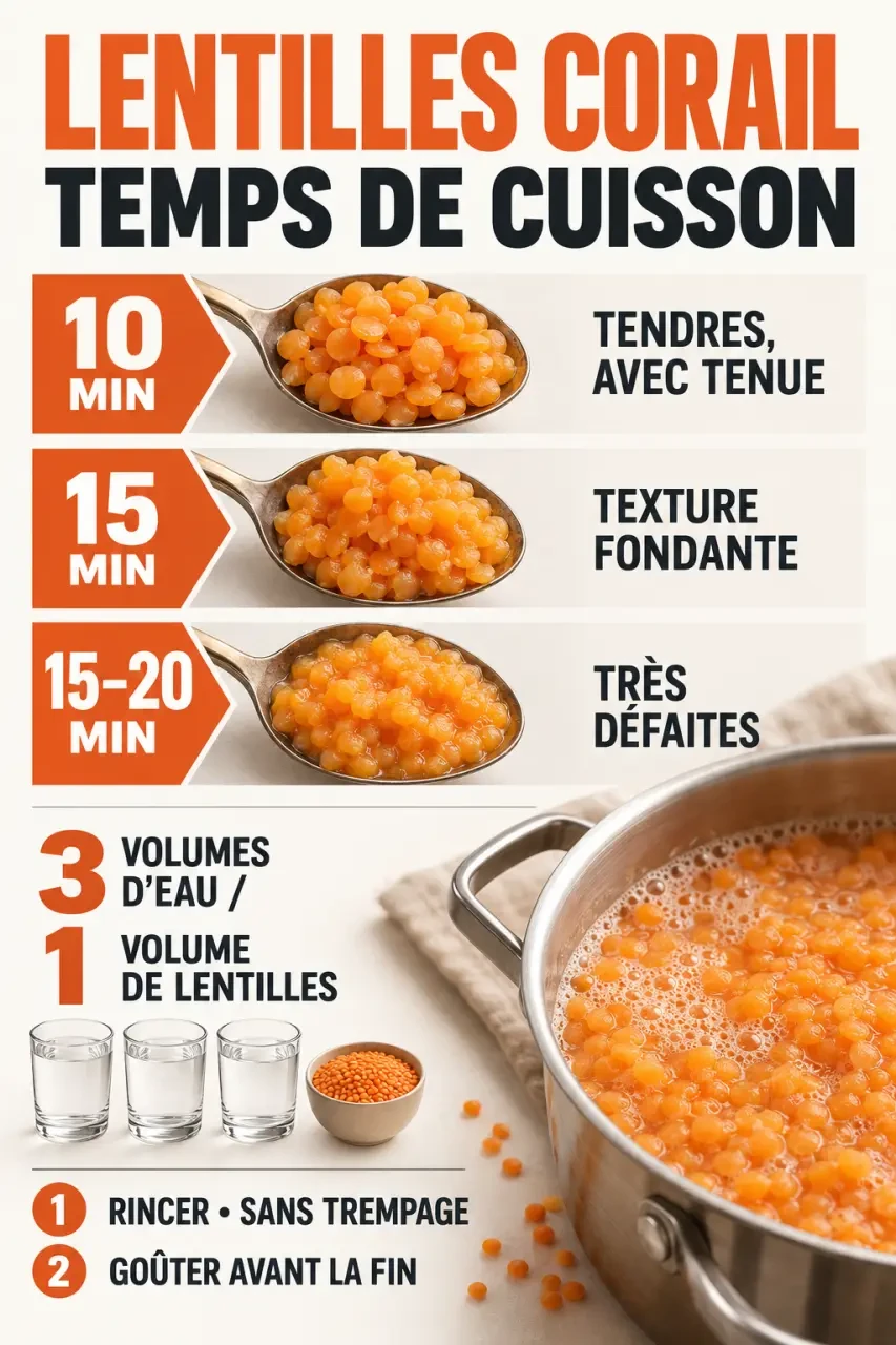 Infographie sur le temps de cuisson lentilles corail selon la texture recherchée et le ratio d’eau