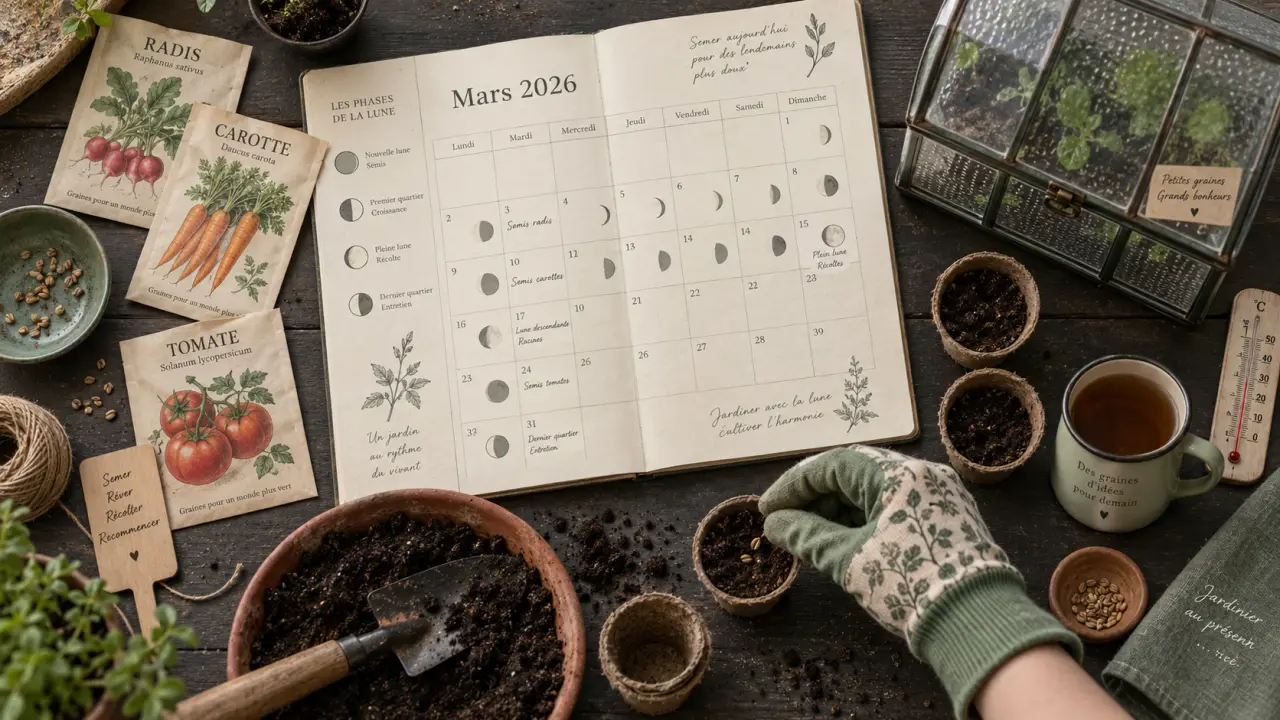 Jardiner avec la lune mars 2026 : graines plantées dans un godet, calendrier lunaire