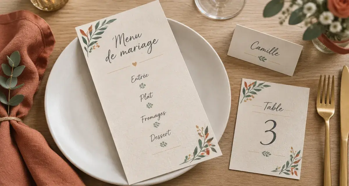 Menu mariage en papier sur table, texte et rubrique entrée plat dessert